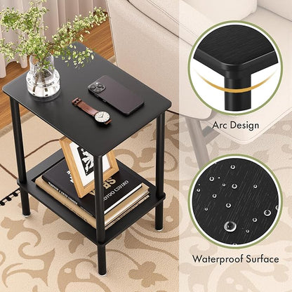 2 Tier Small Side Table, Bedside Table, Narrow Entryway Table, Bamboo End Table with Storage Shelf, Bedroom Nightstand, Mini Accent Table, Small Coffee Table, Plant Stand, Black