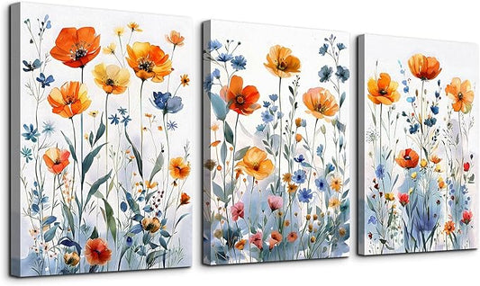 TTHYUEWS Boho Wall Art for Living Room & Bedroom - Modern Wall Decorations - 3 Piece Set - Flowers Watercolour Paintings & Posters - Home Decor