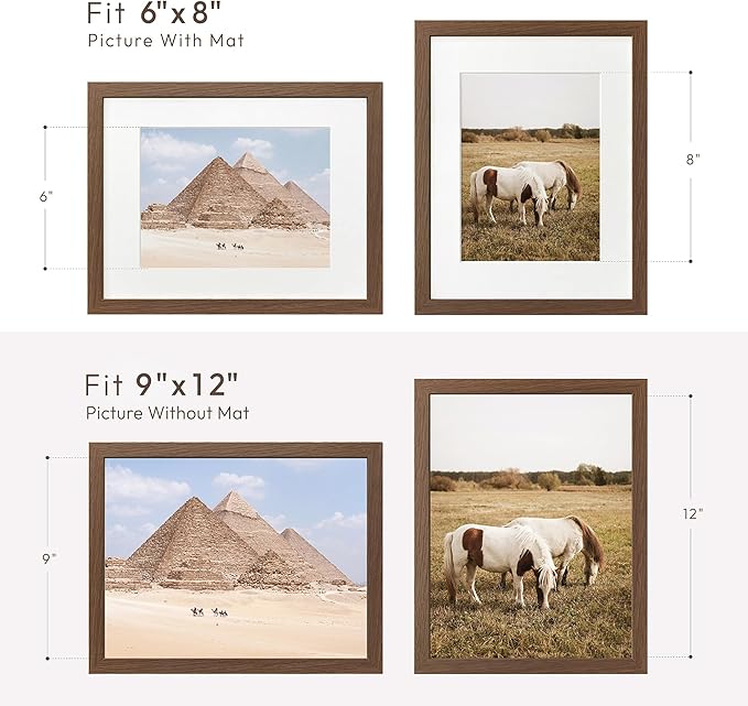 9x12 Wood Frame, Solid Oak 9x12 Picture Frame with Mat to 6x8, Natural Oak 12x9 Frames, (Walnut Set of 1)