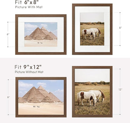 9x12 Wood Frame, Solid Oak 9x12 Picture Frame with Mat to 6x8, Natural Oak 12x9 Frames, (Walnut Set of 1)