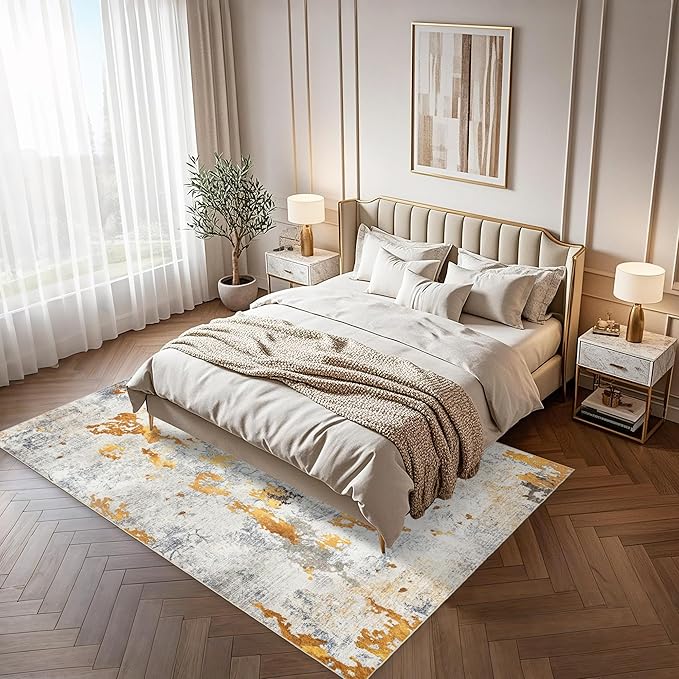 Washable 6x9 Area Rug: Modern Large Rugs for Living Room Dining Room Bedroom Office Indoor - Non-Slip Carpet Home Decor - 6x9 Orange Gold Grey