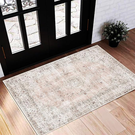 CHAMPLANT Washable Area Rug 2'x3' Door Mat Vintage Distressed Doormat Indoor Entrance Traditional Thin Rug Floral Print Non Slip Carpet for Kitchen Bathroom Bedroom Living Room
