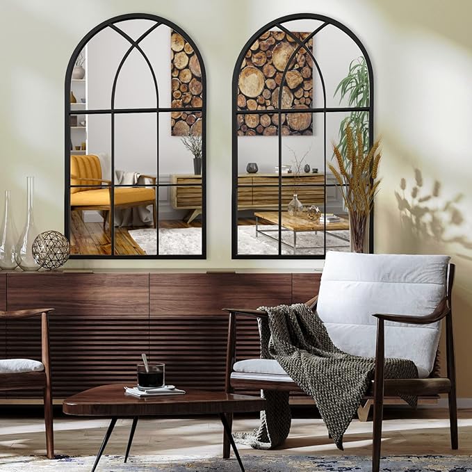 ironsmithn Arched Mirror, 41.3"x24" Windowpane Mirrors, Window Finished Metal Mirror, Black Grid Mirrors for Decor Living Room Fireplace Entryway Bedroom Hallway