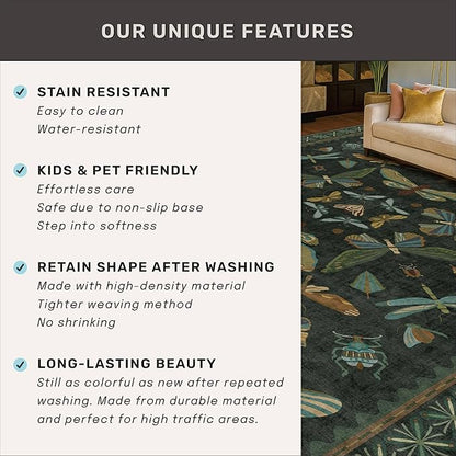 Hazo Haus 7x9 Insect Dark Green Rugs for Living Room, Boho & Forest Design Area Rug for Dining Room Under Table, Bedroom, Unique Washable Floral Non Slip Low Pile Soft Rug