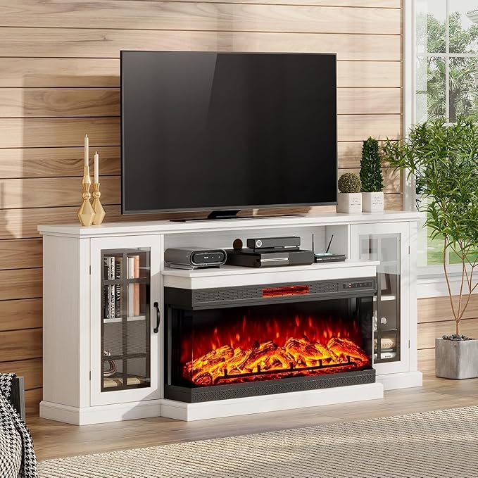 AMERLIFE 75in 3-Sided Glass Fireplace TV Stand for TVs up to 85", Rustic Fireplace Media Entertainment Center Console Table Cabniet with Glass Door Closed Storage, Distressed White