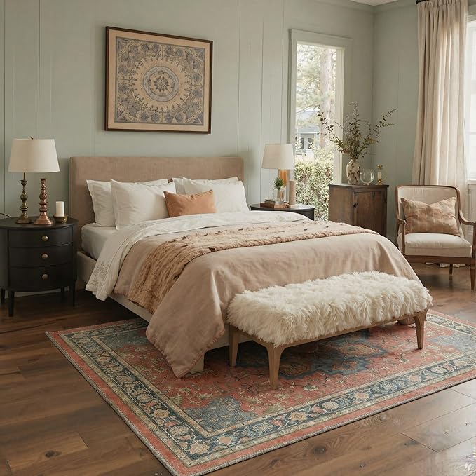 GENIMO 8x10 Area Rugs for Living Room, Machine Washable Rug, Non Slip Indoor Vintage Carpet, Low Pile Lightweight Chenille Print Carpet for Bedroom Dining Room Home Office, Dusty Terracotta