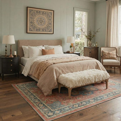 GENIMO 8x10 Area Rugs for Living Room, Machine Washable Rug, Non Slip Indoor Vintage Carpet, Low Pile Lightweight Chenille Print Carpet for Bedroom Dining Room Home Office, Dusty Terracotta