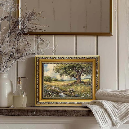 YD&YZY Gold Framed Vintage Wall Art Canvas Spring Country Landscape Wall Decor Wildflower Farmhouse Painting Rustic Nature Picture Cottagecore Print for Home Decor Bedroom 8x10 inch Small Framed