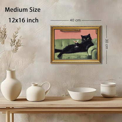 YD&YZY Gold Framed Funny Cat Wall Art Canvas Black Cat Martini Vintage Quirky Humor Bar Cart Wall Decor Cute Animal Painting Picture Print Artwork for Bedroom Living Room Bathroom 12x16 inch Framed