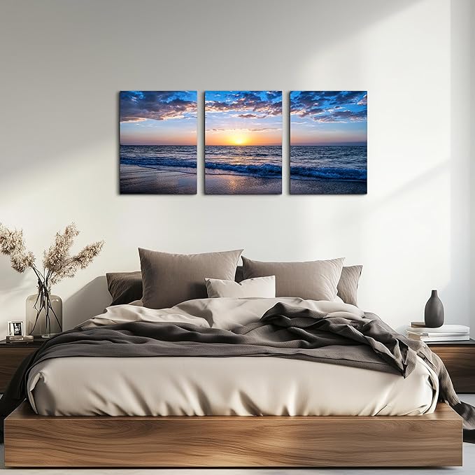 Framed Canvas Wall Art for living room Large Size Office Wall Decor Sunrise blue sea view Wall Pictures Artwork ocean Paintings Ready to Hang for Modern bedroom Home Decoration 16" x 24" 3 Pieces