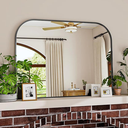 Black Arched Top Wall Mounted Mirror - 38 x 30 Inch Round Cruved Top Bathroom Vanity Mirror, Aluminum Metal Framed, Home Decor for Living Room, Bedroom, Fireplace, Mantle, Entryway