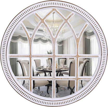 HOITUZYUS 36 Inches Rustic Round Wood Window Mirror, Farmhouse Windowpane Circle Mirrors for Wall Decor, Entryway, Living Room, Bathroom, Bedroom