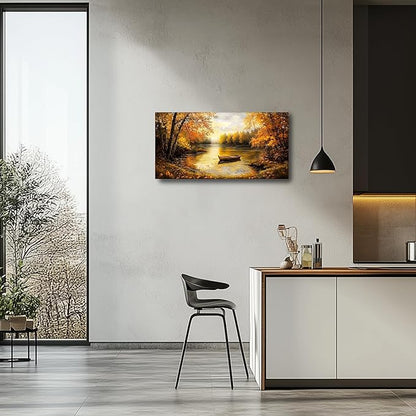 SERIMINO Fall Landscape Large Canvas Wall Art Living Room, Lake Boat Forest Art Prints, Autumn Scenery Nature Decor Pictures, Rustic Gold Paintings Wall Decor Bedroom, Office Decoration 20"X40"