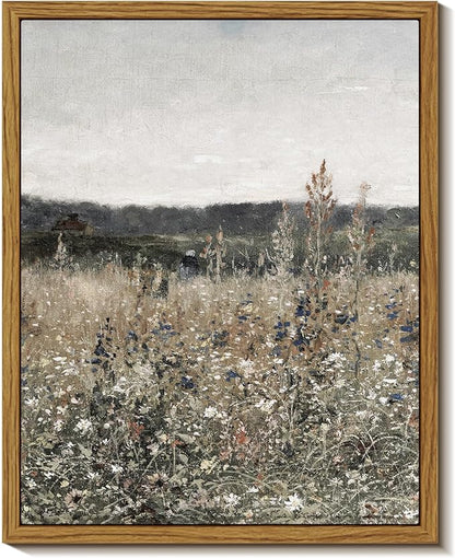 InSimSea Framed Canvas Prints Art Vintage Decor, Wildflower Field Meadow with Flowers Painting, Rustic Landscape Wall Art for Living Room Bedroom Home Bathroom, 8"x10"