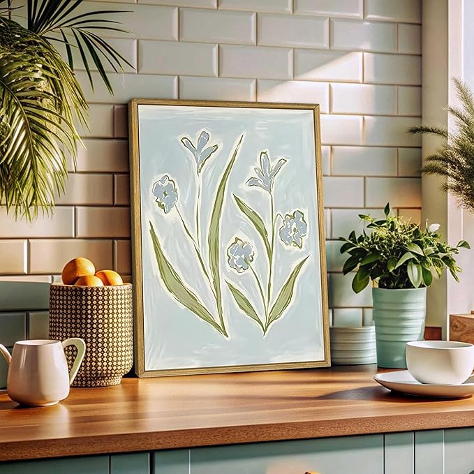 wanyun Blue Tulip Flower Wall Art Set of 2, Watercolor Floral Preppy Canvas Poster Prints, Modern Botanical Painting Aesthetic Picture for Living Room Bedroom Bathroom Apartment Wall Decor 12x16 Inch Framed