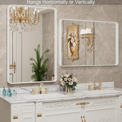 LOAAO 32x36 Inch White Metal Framed Bathroom Mirror for Wall, White Bathroom Vanity Mirror Farmhouse, Large Rounded Rectangle Mirror, Anti-Rust, Tempered Glass, Hangs Horizontally or Vertically