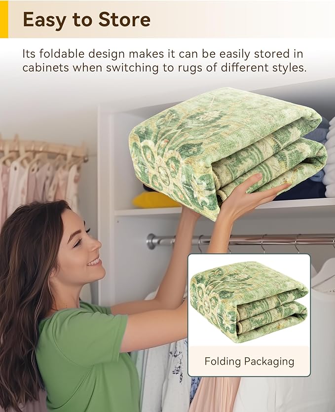 RELEANY Area Rugs Round 10ft Washable Non-Slip, Floral Vintage Distress Print Pattern Medallion Carpet for Living Room Bedroom Dining Room, Sage Green Yellow