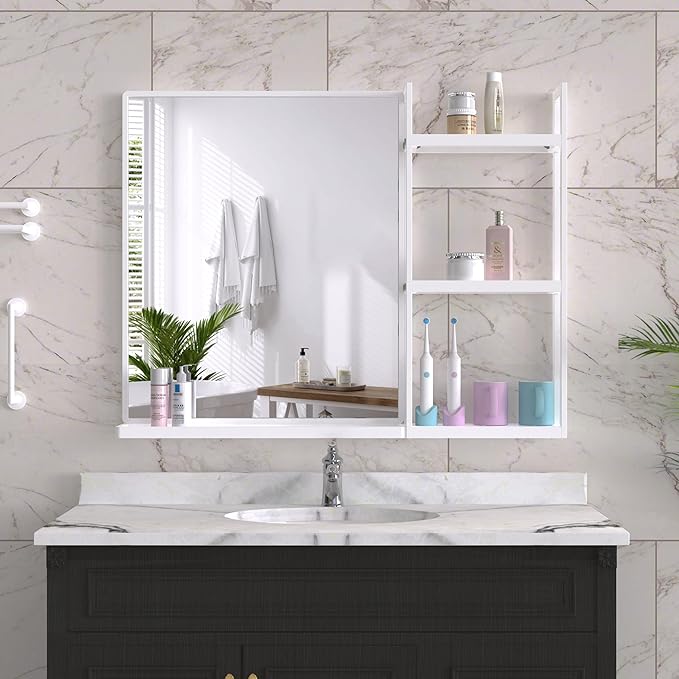 White Metal Framed Bathroom Mirror with Shelf, 24.4 X 31 in Rectangular Wall Mounted Bathroom Vanity Mirror, Modern Bathroom Mirror with Storage for Over Sink, Entryway (White)