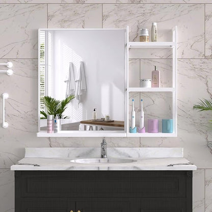 White Metal Framed Bathroom Mirror with Shelf, 24.4 X 31 in Rectangular Wall Mounted Bathroom Vanity Mirror, Modern Bathroom Mirror with Storage for Over Sink, Entryway (White)