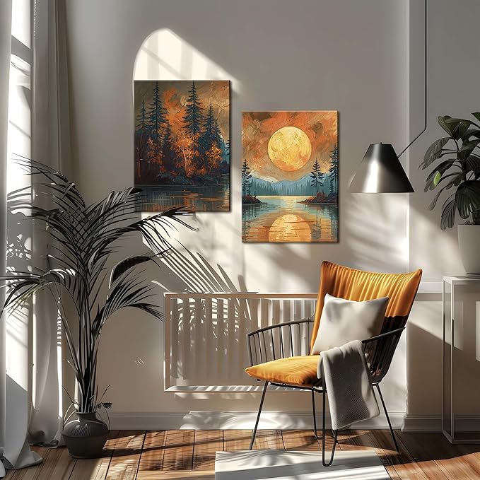Framed Gold Mountain Forest Sunset Landscape Wall Art Set of 3, Abstract Boho Lakeside Forest Sunset Wall Decor, Vintage Nature Landscape Canvas Prints Poster for Living Room Bedroom Office 16x24 Inch
