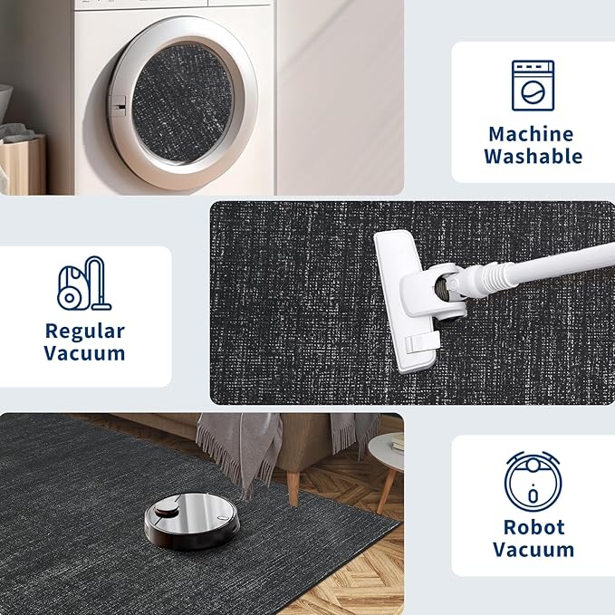 9x12 Area Rugs for Living Room Washable Solid Large Bedroom Rugs Non Slip Soft Modern Abstract Dining Room Throw Carpet Minimalist Classic Plain Area Rug for Nursery Kitchen Home Office, Black 9'x12'
