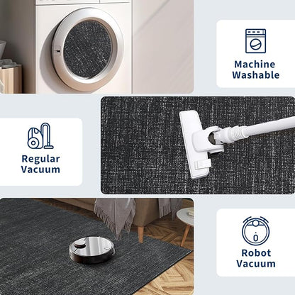 Washable Area Rug 8x10 for Living Room Bedroom Non Slip Minimalist Solid Color Area Rugs Modern Abstract Plain Dining Room Throw Carpet Low Pile Soft Classic Boho Rugs for Kitchen Nursery Oiifce,Black