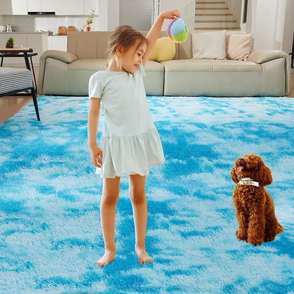 Ultra Soft Rug for Living Room, 8X10 Fluffy Shag Area Rug for Bedroom, Modern Shaggy Carpets Fuzzy Rug for Teens Dorm Nursery Home Decor Aesthetic, Upgrade Anti-Skid Durable, Tie-Dyed Blue