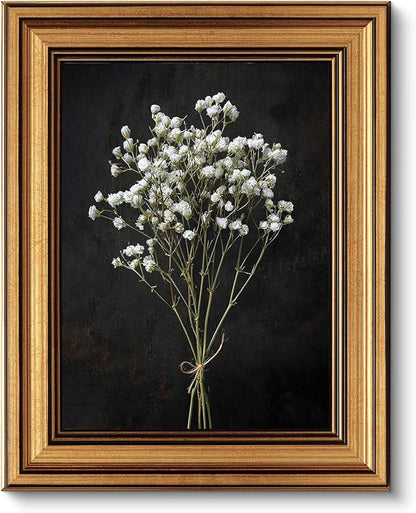 VIYYIEA Vintage Gold Framed Wall Art, Retro Dark Dried Wildflower Canvas, Aesthetic Classic Botanical Baby's Breath Bouquet Pictures, Victorian Wall Decor for Room Gallery Living Room Bathroom,8x10inch