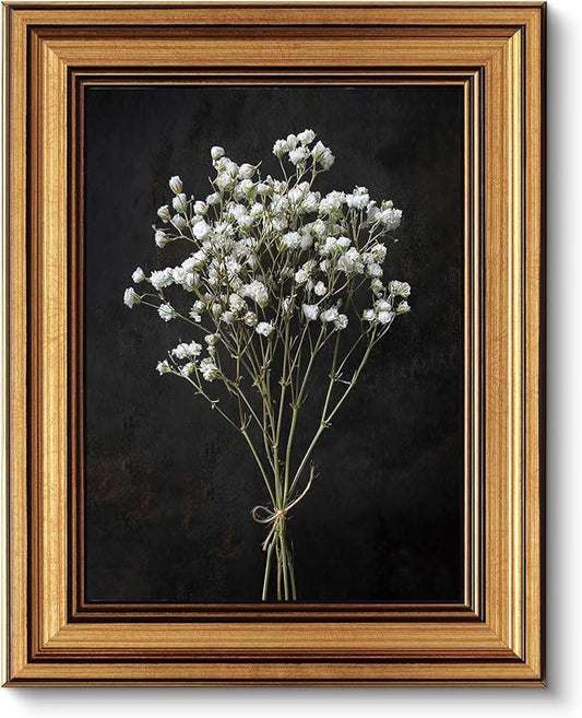 VIYYIEA Vintage Gold Framed Wall Art, Retro Dark Dried Wildflower Canvas, Aesthetic Classic Botanical Baby's Breath Bouquet Pictures, Victorian Wall Decor for Room Gallery Living Room Bathroom,8x10inch