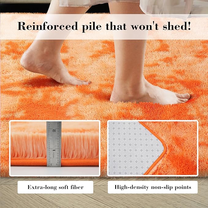 Mottling Orange Fluffy Rug Shag Area Rug, 6x9 Area Rugs for Girls Bedroom, Big Soft Shag Bedside Non-Slip Plush Dorm Nursery Kids Carpet Home Decor Aesthetic