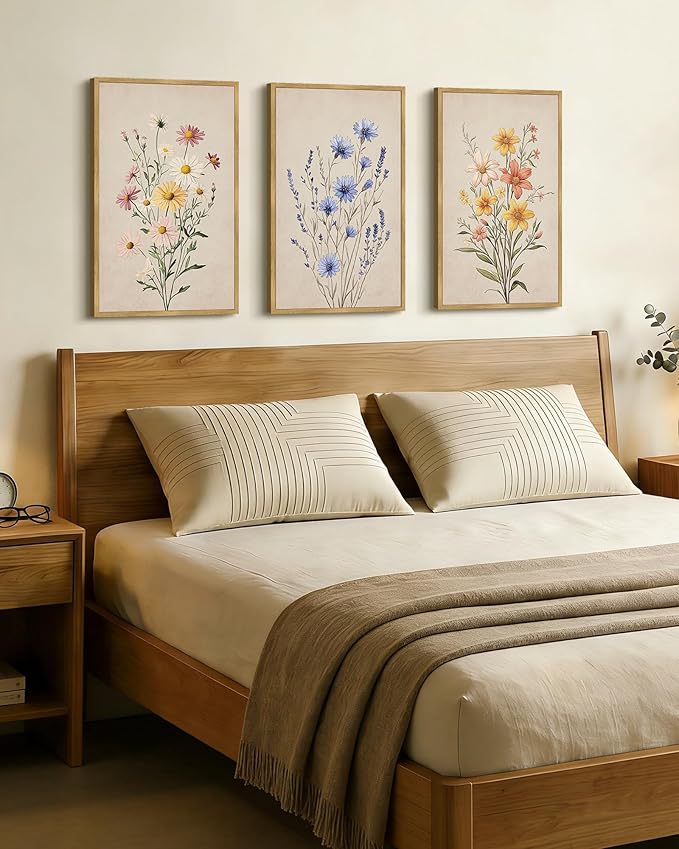 Drsoum Vintage Flower Bouquet Wall Art Framed Retro Bohemian Boho Colorful Floral Plant Rustic Artwork Nature Botanical Wildflower Prints Bedroom Living Room Ready to Hang 16x24in Natural Framed