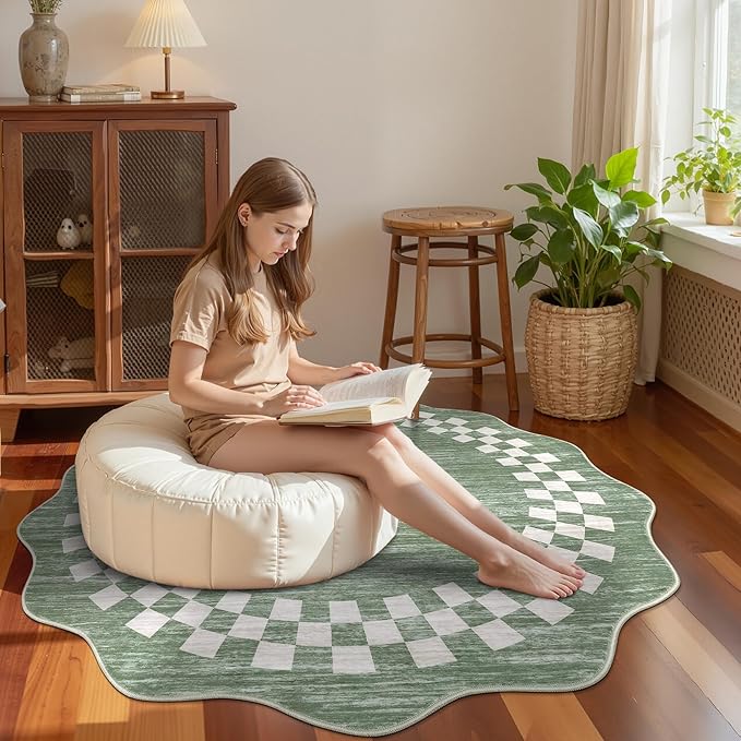 6ft Washable Round Rug for Entryway Modern Checkered Bedroom Circle Rug Non Slip Soft Dining Room Round Throw Carpet Large Stain Resistant Border Round Rugs for Living Room Kitchen Bathroom, Green