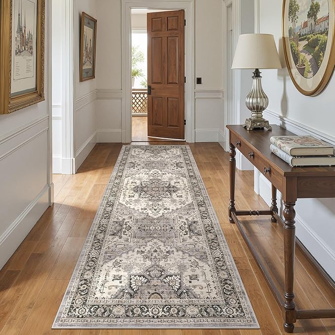 Area Rug for Living Room - 3x8 Soft Machine Washable Oriental Vintage Floral Distressed Large Indoor Floor Carpet for Bedroom Under Dining Table Home Office Decor - Brown
