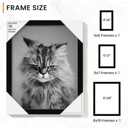 Venusmiles 15 Pack Picture Frames Collage Wall Decor, Gallery Frame Set for Wall Mounting or Tabletop Display, Multi Sizes Including 3pcs 8x10, 6pcs 5x7, 6pcs 4x6, Black
