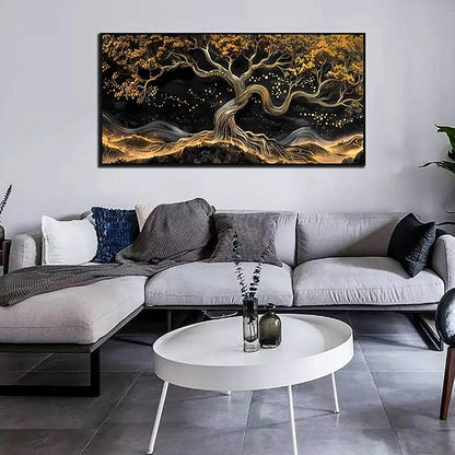 Gold Trees Pictures for Living Room - Modern Art Wall Decor for Office - Black Framed Wall Art Ready to Hang Size 24" x 48"