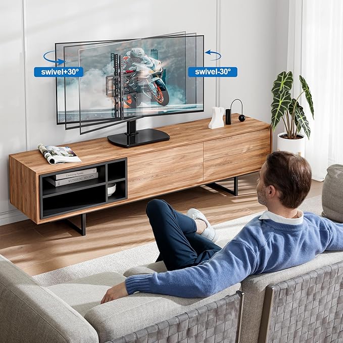 Universal TV Stand for 27-60 Inch TVs with Swivel Mount, Height Adjustable Table Top TV Stand Mount, Heavy Duty Tempered Glass Base, TV Pedestal Stand Holds up to 88 lbs, VESA 400x400mm