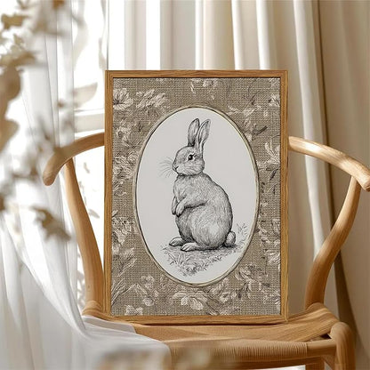 Framed Vintage Rabbit Wall Art, Cute Easter Bunny Pictures Wall Decor, Rustic Farmhouse Animal Paintings Canvas Prints Cottagecore Home Decor for Nursery Living Room Bedroom 12x16 inch