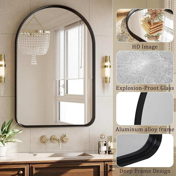 36"x24" Arched Bathroom Mirror - Modern Black Mirror for Wall with Rounded Corners, Bathroom Mirror for Vanity, Aluminum Alloy Framed Mirror - for Living Room, Bedroom, Cloakroom