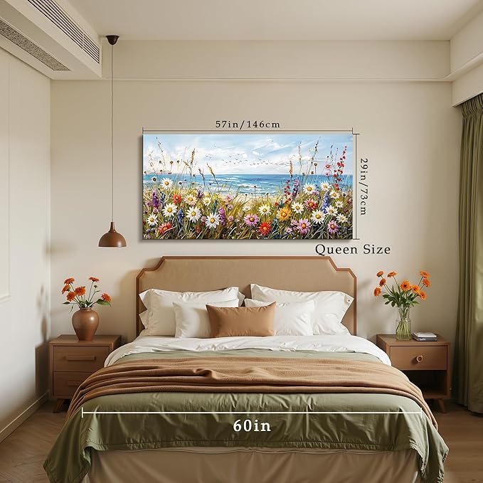 SERIMINO Oversized Wall Art, Flower Wall Art, Coastal Wall Decor, Beach Daisy Canvas Art Prints, Nature Landscape Large Painting, Floral Pictures for Living Room Dining Room Modern Farmhouse 29"x57"