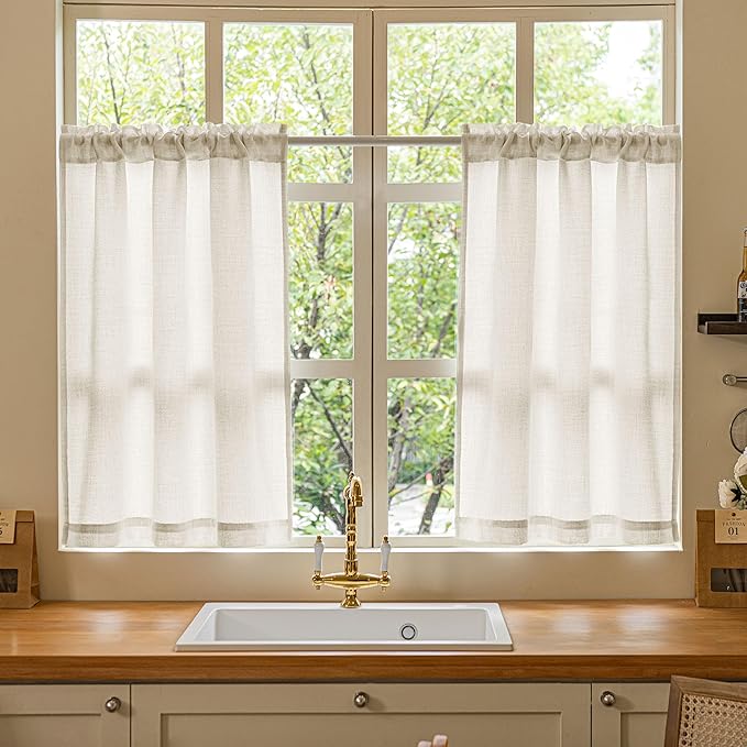 Natural Linen Kitchen Window Curtains Over Sink 36 Inch Length for Farmhouse Cafe Bathroom Small Window Drapes Cream Semi Sheer Light Filtering Privacy Small Curtains W34xL36