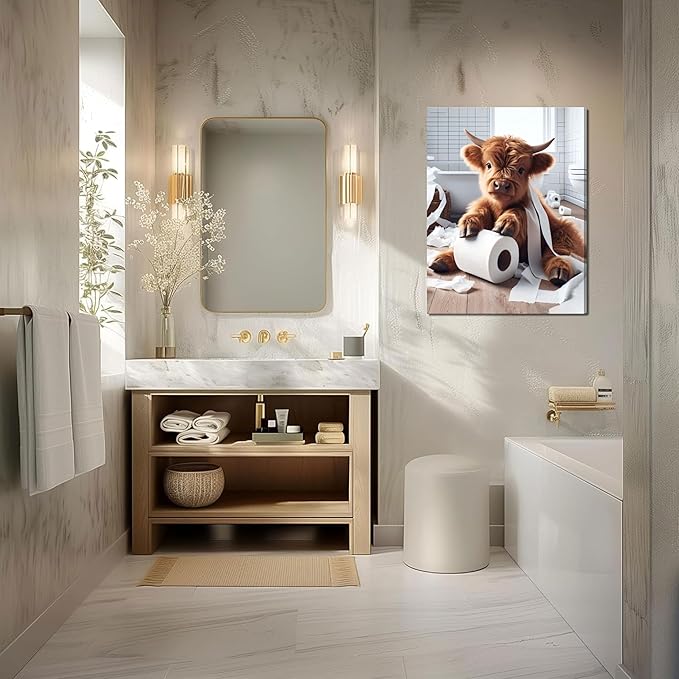 Funny Highland Cow Wall Art Set of 3, Rustic Farmhouse Bathroom Cow Pictures Wall Decor Painting, Brown Cute Cow Animal Canvas Posters Prints for Bathroom Restroom Home Decor Framed 12x16 Inch