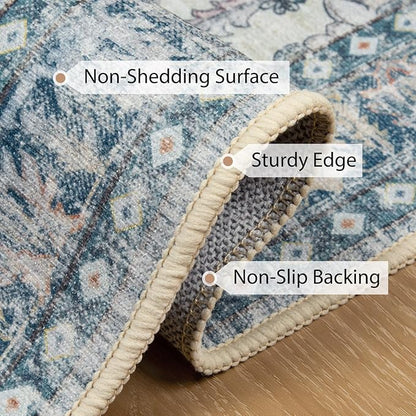 BESTSWEETIE 4x6 Area Rug Washable Rugs for Living Room, No Pile Boho Carpet for Entryway Bedroom Dinning Room, Vintage Carpet Print Distressed Non-Slip, 4 x 6 ft, Blue Navy
