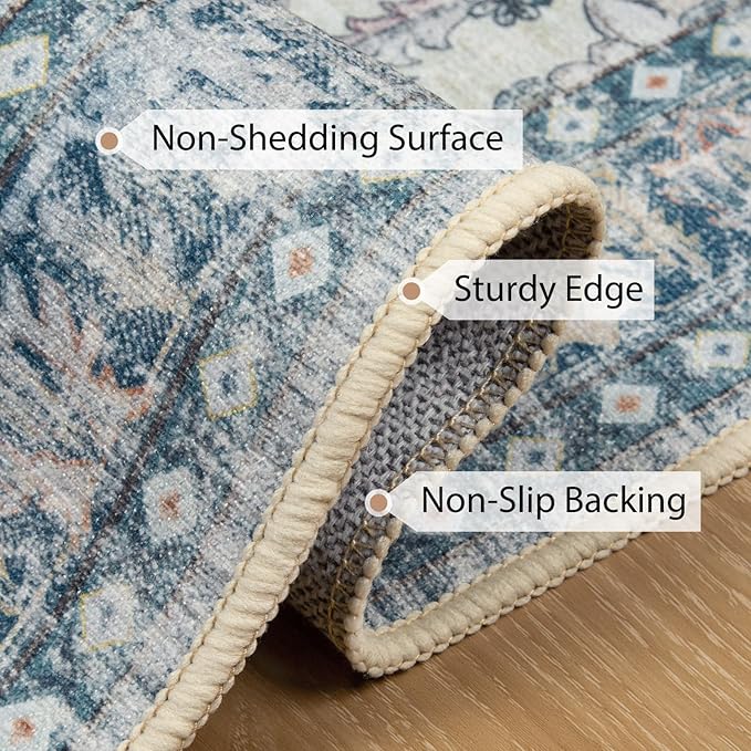 BESTSWEETIE 2x8 Area Rug Washable Rugs for Living Room, No Pile Boho Carpet for Entryway Bedroom Dinning Room, Vintage Carpet Print Distressed Non-Slip, 2 x 8 ft, Blue Navy