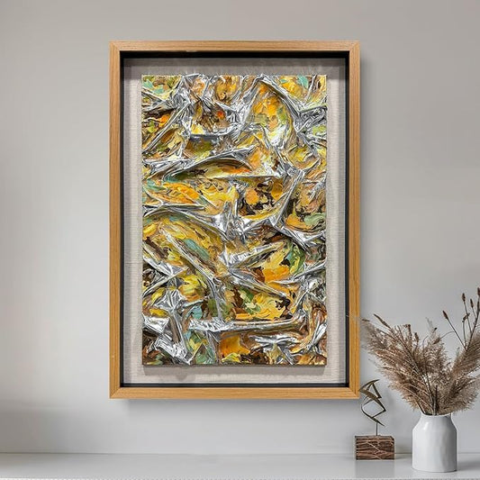 BrightA Textured silver leather abstract art - vibrant spray-painted fluid colors (yellow/orange/green) with solid wood frames, modern wall sculptures, contemporary living room 27.5"x 39.4"
