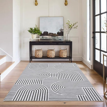Washable Rug 4x6 Area Rugs for Living Room, Abstract Rug for Bedroom, Soft Rainbow Non Slip Throw Rugs with Rubber Back, Low Pile Stain Resistant Boho Geometric Carpet for Dining Room, Blackwhite