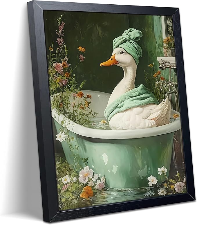Funny Duck Bathroom Wall Art, Framed Canvas Print, Cute Duck in Bathtub Painting with Floral Water Scene, Whimsical Animal Art Oil Painting for Bathroom Restroom Home Wall Decor 8x10 Inch
