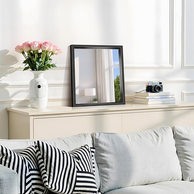 CIRCUMI 14"x16" Brushed Black Mirror with Chunky Box Metal Frame, Bathroom Mirror for Vanity Remodel & New Home, Living Room, Entryway, Rectangular Wall Mirror, Tempered Glass, Vertical or Horizontal