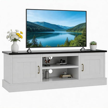GAOMON 61" Farmhouse TV Stand for TVs Up to 65 Inch, Wooden Entertainment Center with 2 Storage Cabinets, Open Shelves & Cable Management, Rustic Media Console Table, White & Black
