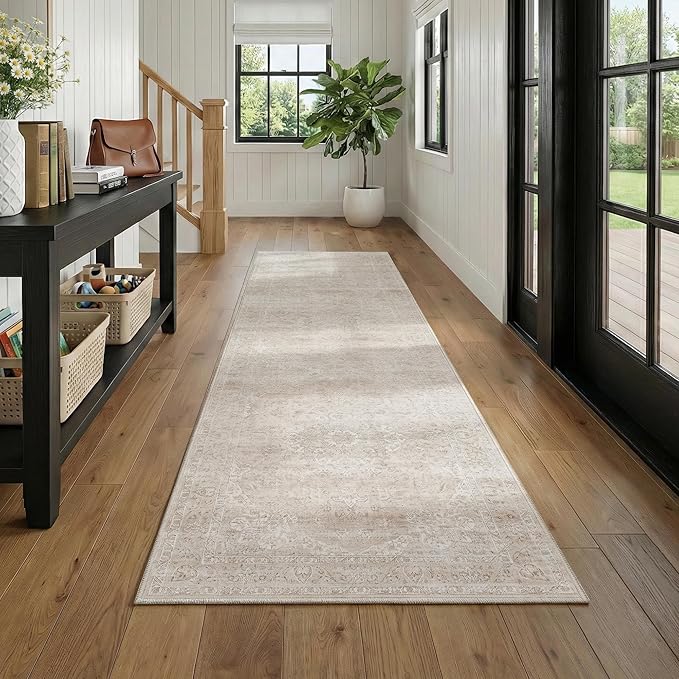FMFUNCTEX 2x8 Runner Rug Beige Washable Vintage Neutral Distressed Oriental Non Slip Low Pile Indoor Carpet Retro Hallway Entryway Rug for Kitchen Laundry Bedroom Bathroom Entry Bedside Living Room