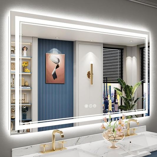 60x36 LED Bathroom Mirror with Lights, Backlit and Front Lit Anti-Fog Lighted Vanity Mirrors for Bathroom Wall, Dimmable, 3-Color Light, Memory, Shatter-Proof, HD Tempered Glass, CRI＞90